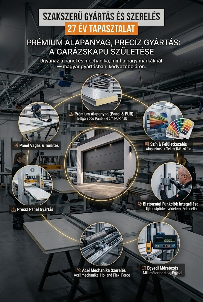 Garázskapu gyártás Budakeszin: prémium Epco panel, precíz panelgyártás, acél mechanika, egyedi méret — szakszerű gyártás és szerelés