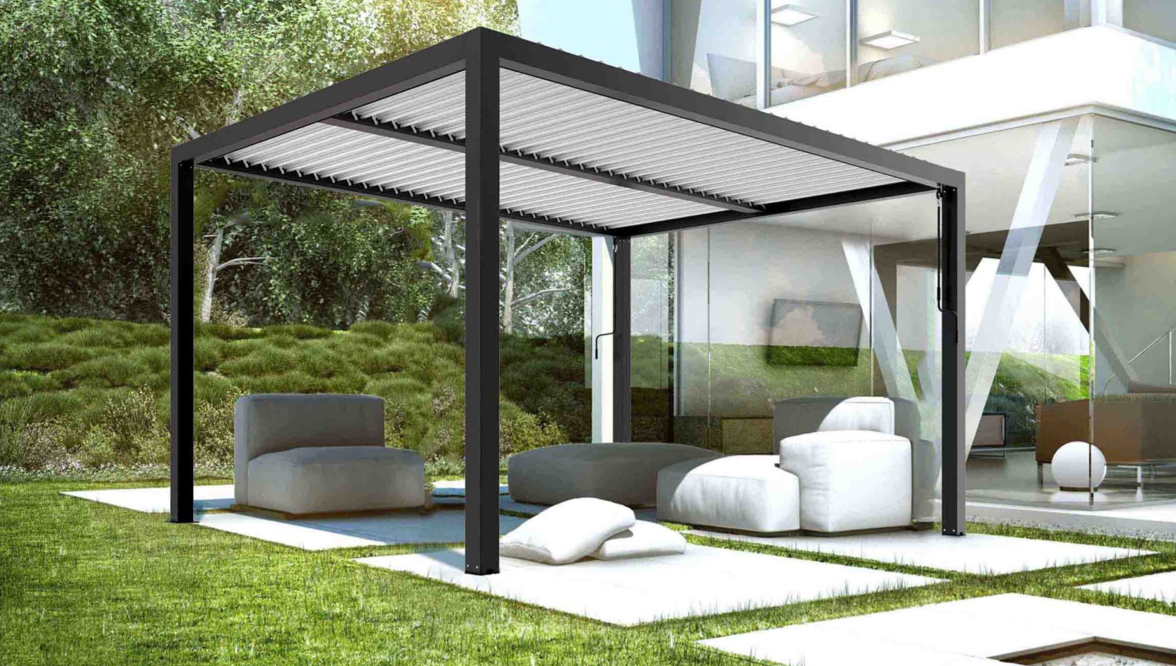 Antracit bioklimatikus pergola állítható lamellás tetővel modern kerti teraszon