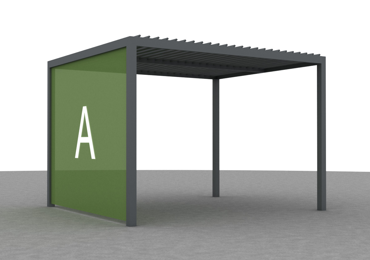 Bioklimatikus pergola oldalfallal és állítható lamellás tetővel